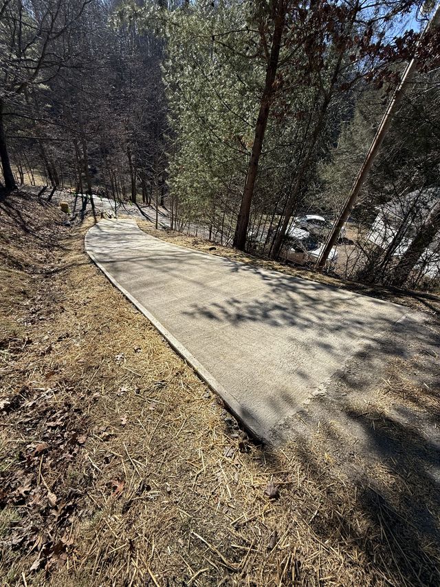 Freshly poured concrete driveway curving down through a wooded hillside in dappled sunlight, western North Carolina